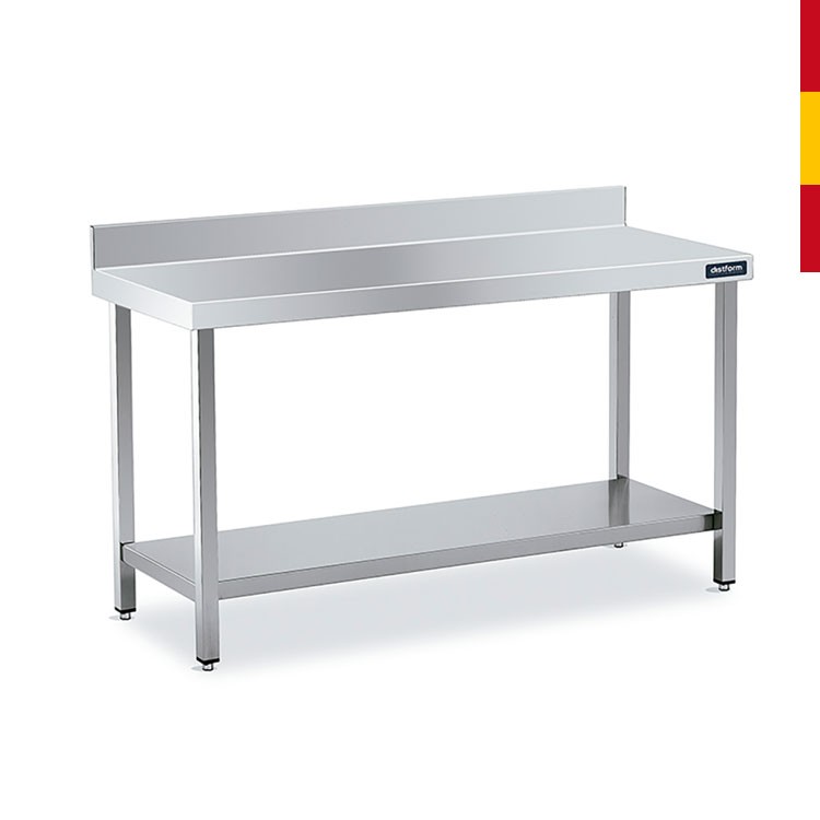 MESA ACERO INOX. PETO Y ESTANTE FONDO 50 CM