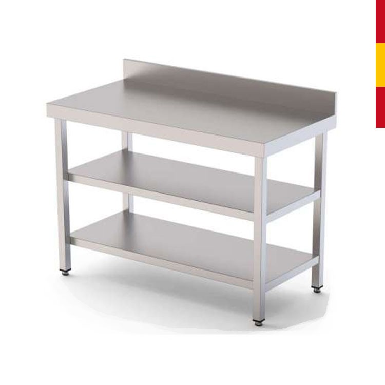 MESA ACERO INOX. PETO Y 2 ESTANTES FONDO 50 CM